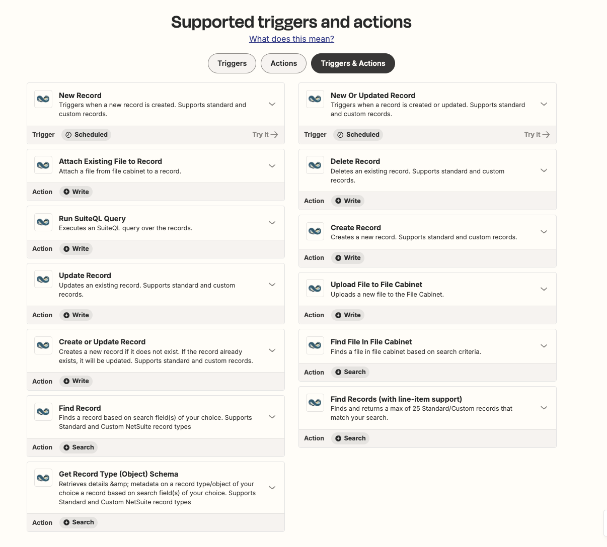 A list of supported triggers and actions for Zapier's NetSuite integration