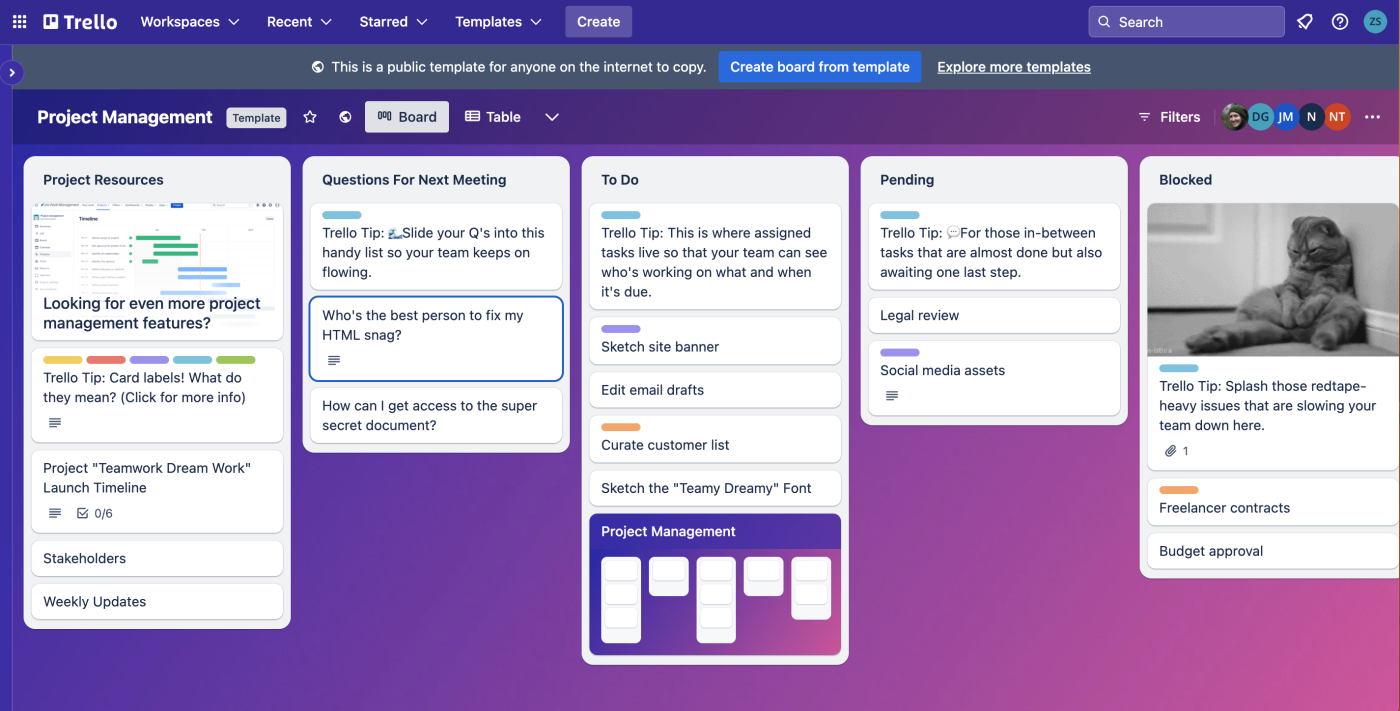 A project management template in Trello