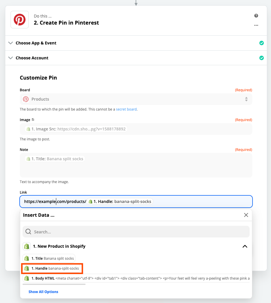 A screenshot of the Zap Editor highlighting the Link text box. A custom URL has been typed in the box and the Handle data field immediately follows.
