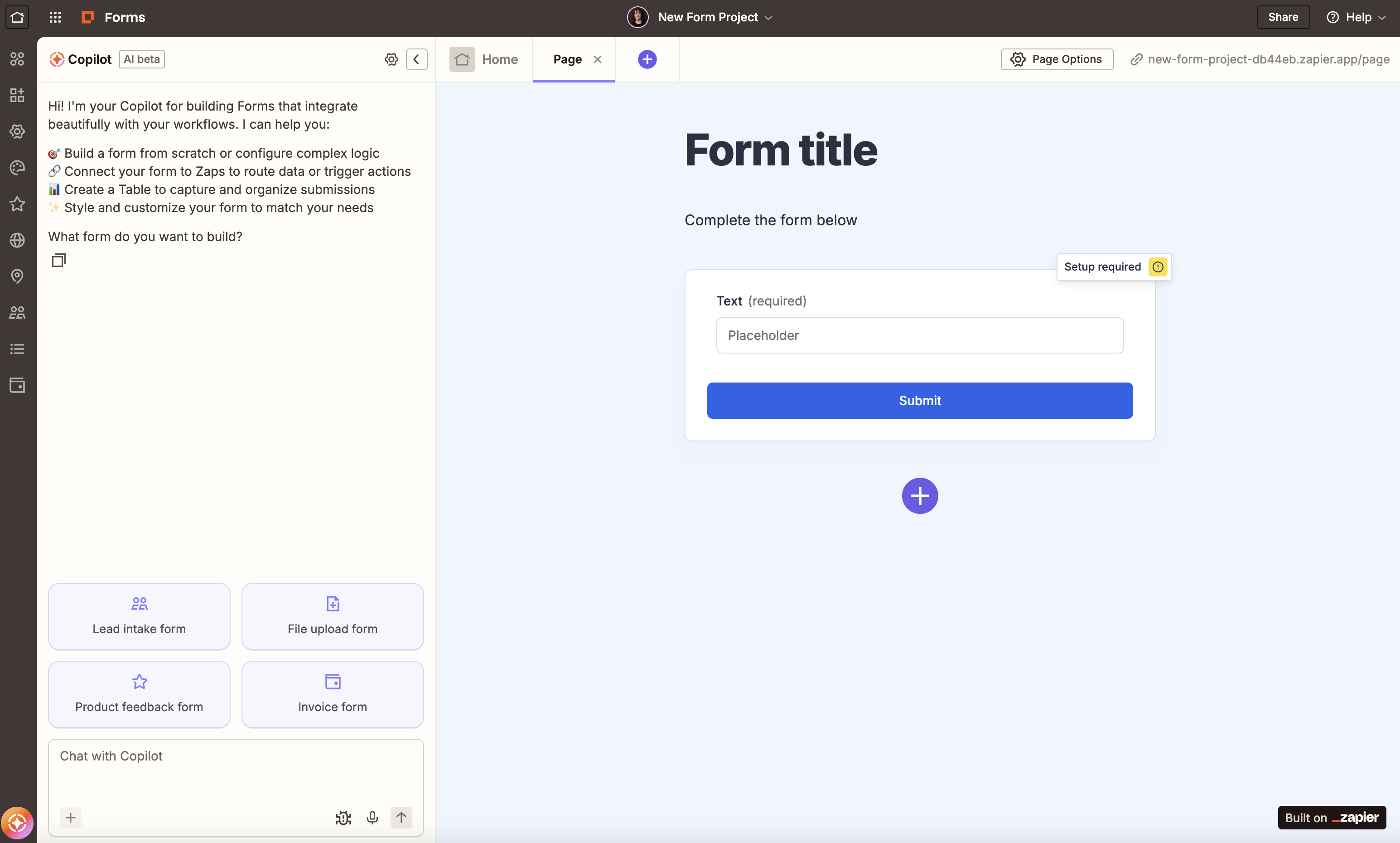 Zapier Forms editor with Copilot sidebar and a blank form preview showing a required text field and a blue Submit button