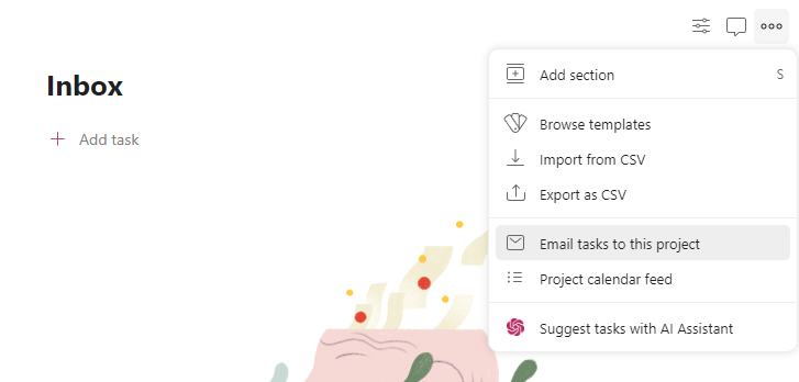 Selecting "Email tasks to this project" in Todoist