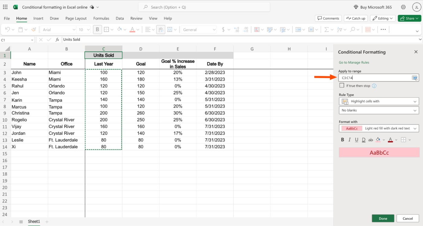 How to add a range to a conditional formatting rule in Excel.