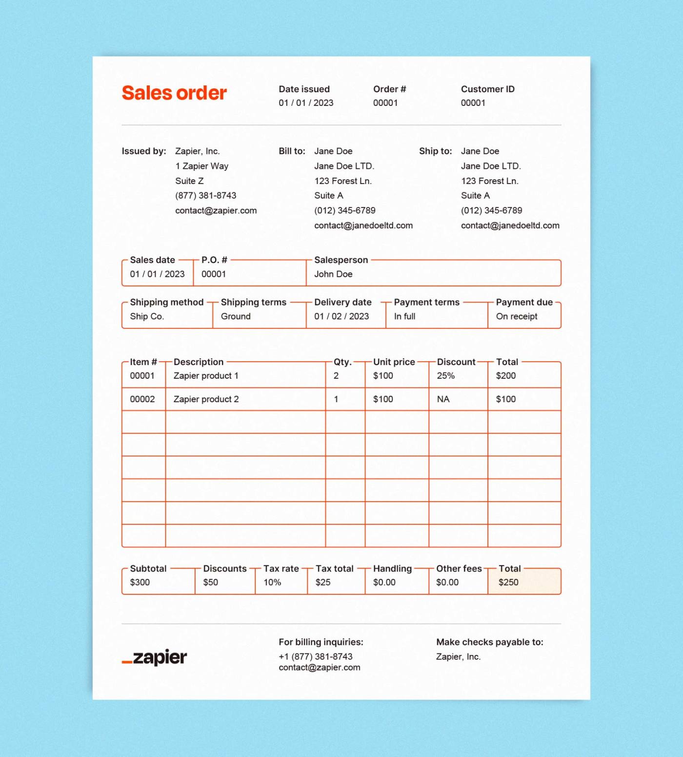 Example mockup or a sales order on a blue background