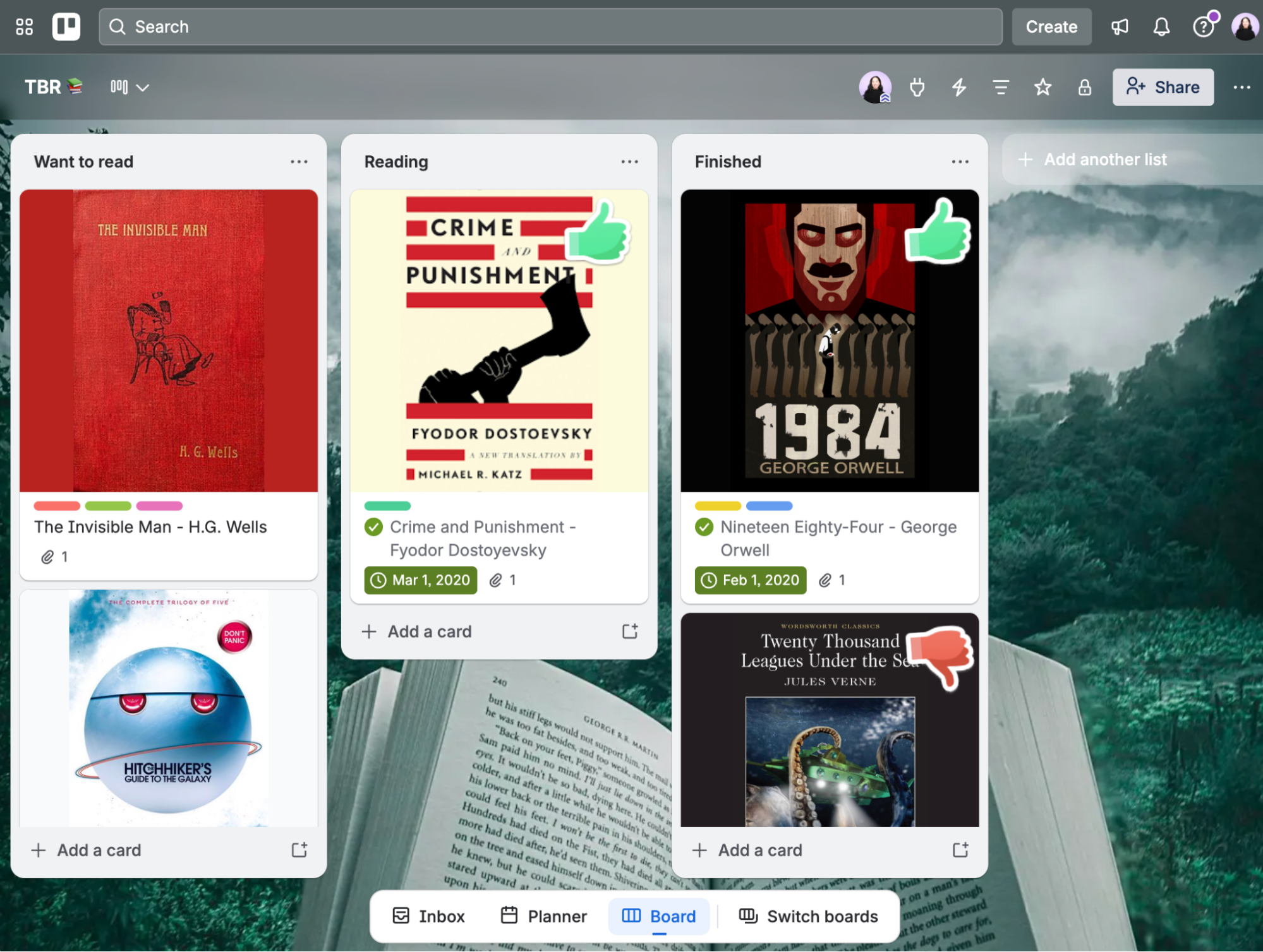 Trello board example for a reading list.