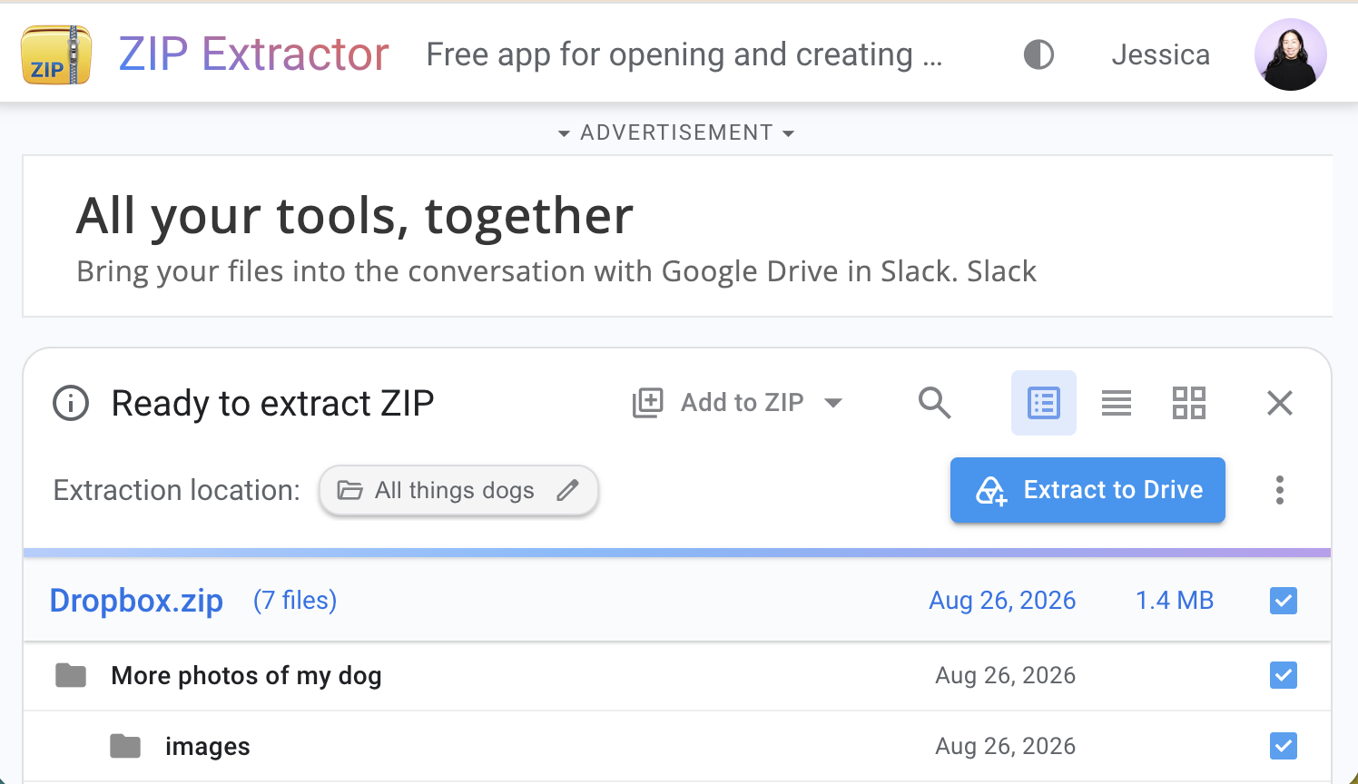 The Extract to Drive button in ZIP Extractor.