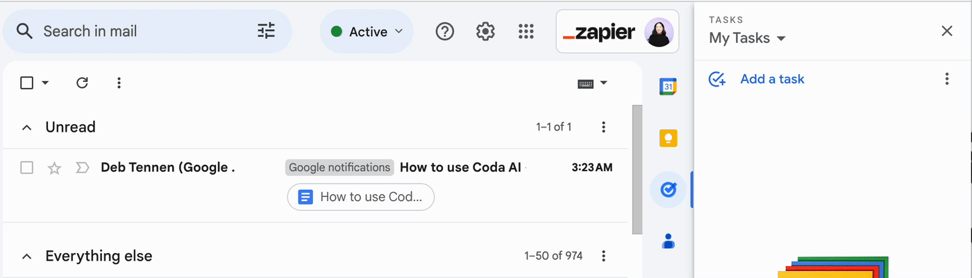 An email in Gmail being dragged and dropped into Google Tasks in the side panel and transforming into a task.