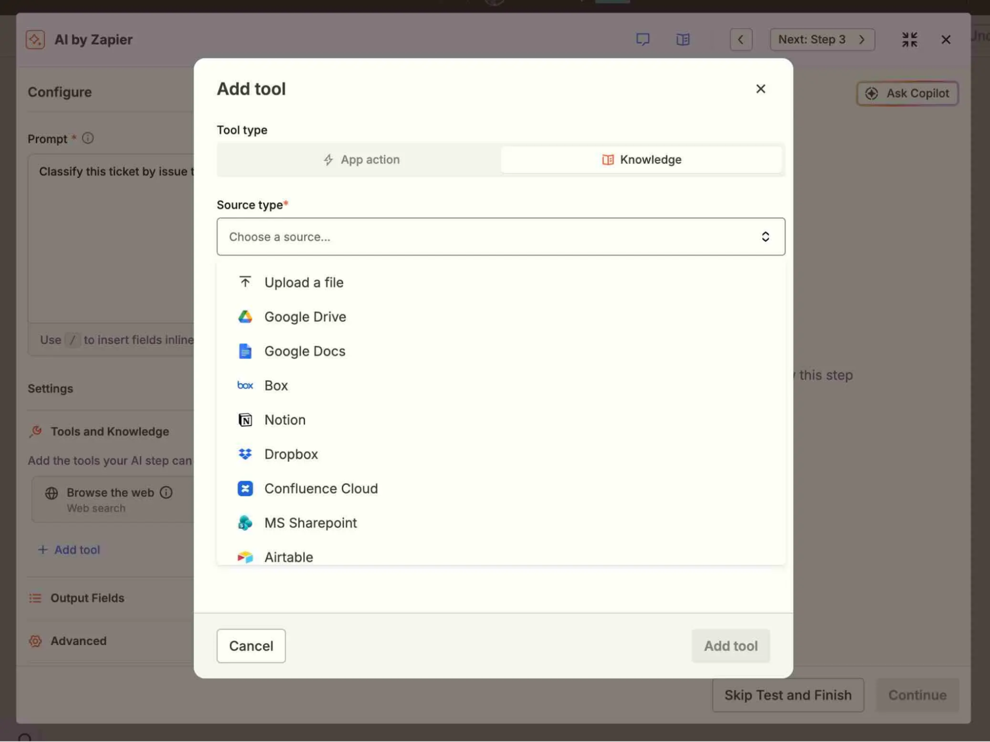 Adding tools in an AI by Zapier step