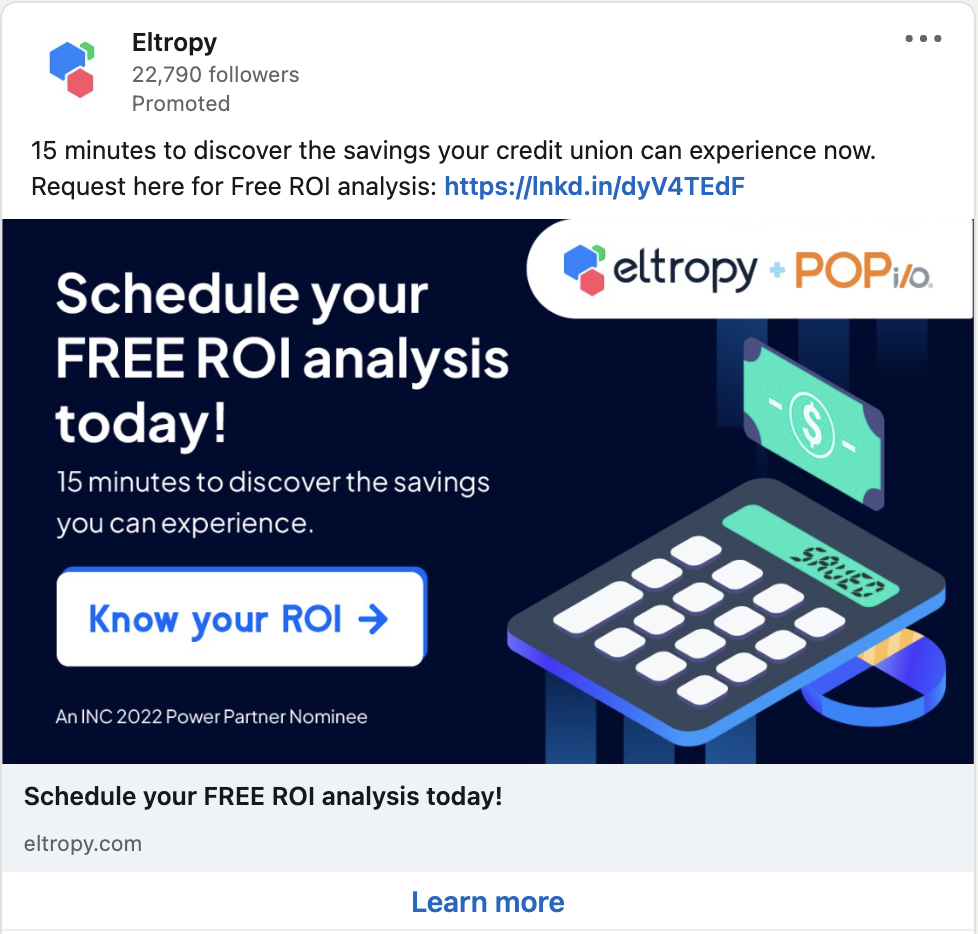 LinkedIn Lead Gen ad example from Eltropy advertising a free ROI analysis