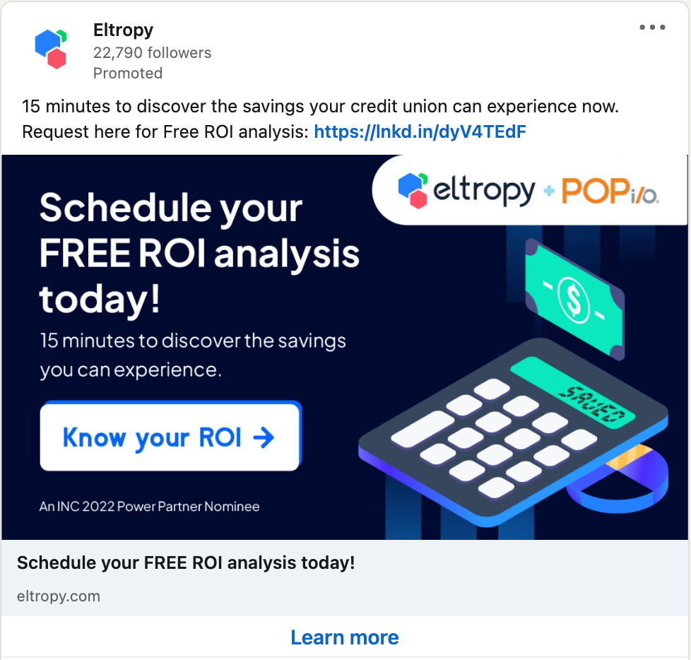 LinkedIn Lead Gen ad example from Eltropy advertising a free ROI analysis