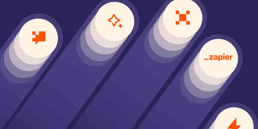 A hero image of different orange icons on a purple background with the Zapier logo.