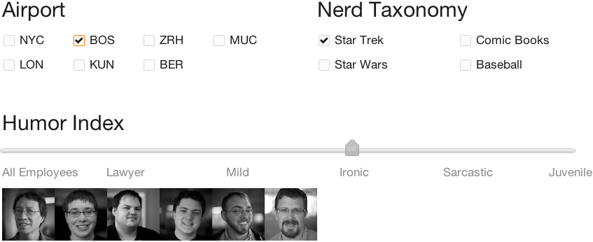 Select boxes to filter by airport code, fandom (e.g. Star Trek, baseball, Comic Books), or humor index (scale from lawyer to juvenile).