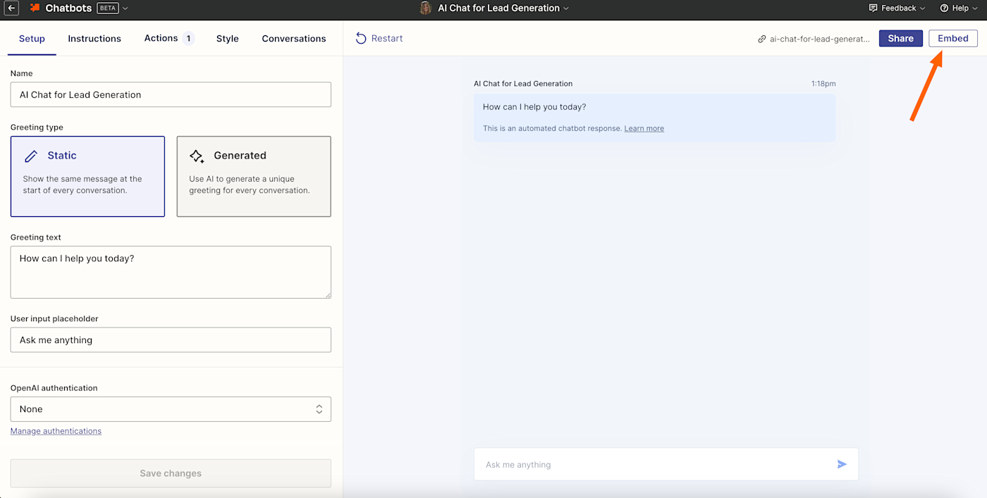 Screenshot of embed button in Zapier Chatbots