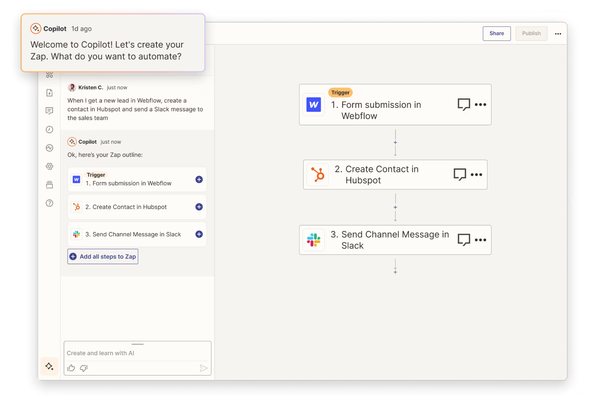 The Copilot feature in the Zapier editor