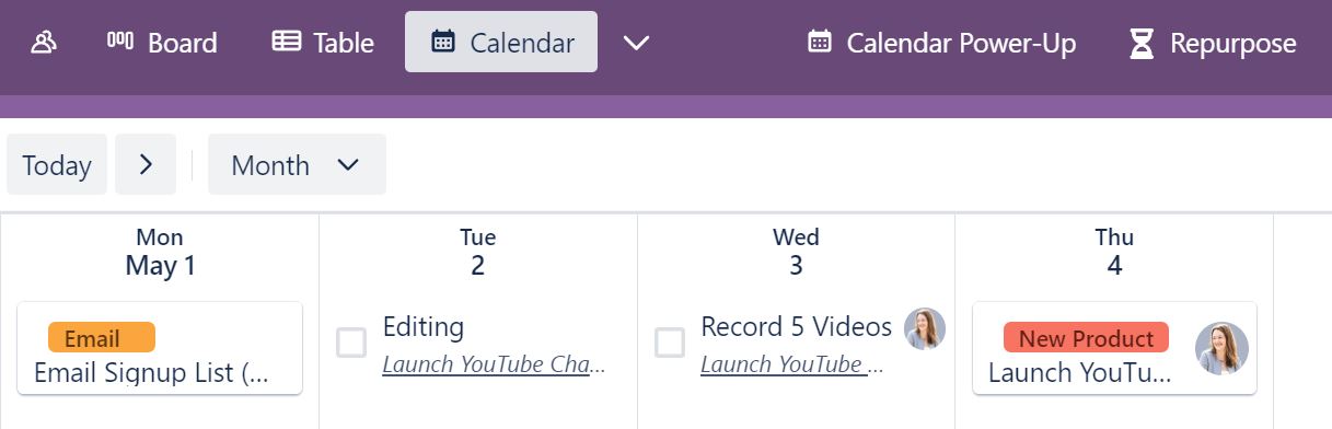 Trello calendar board view