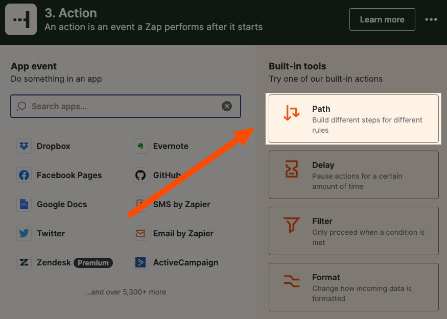 Select "Path" as your action app, located at the top-right.