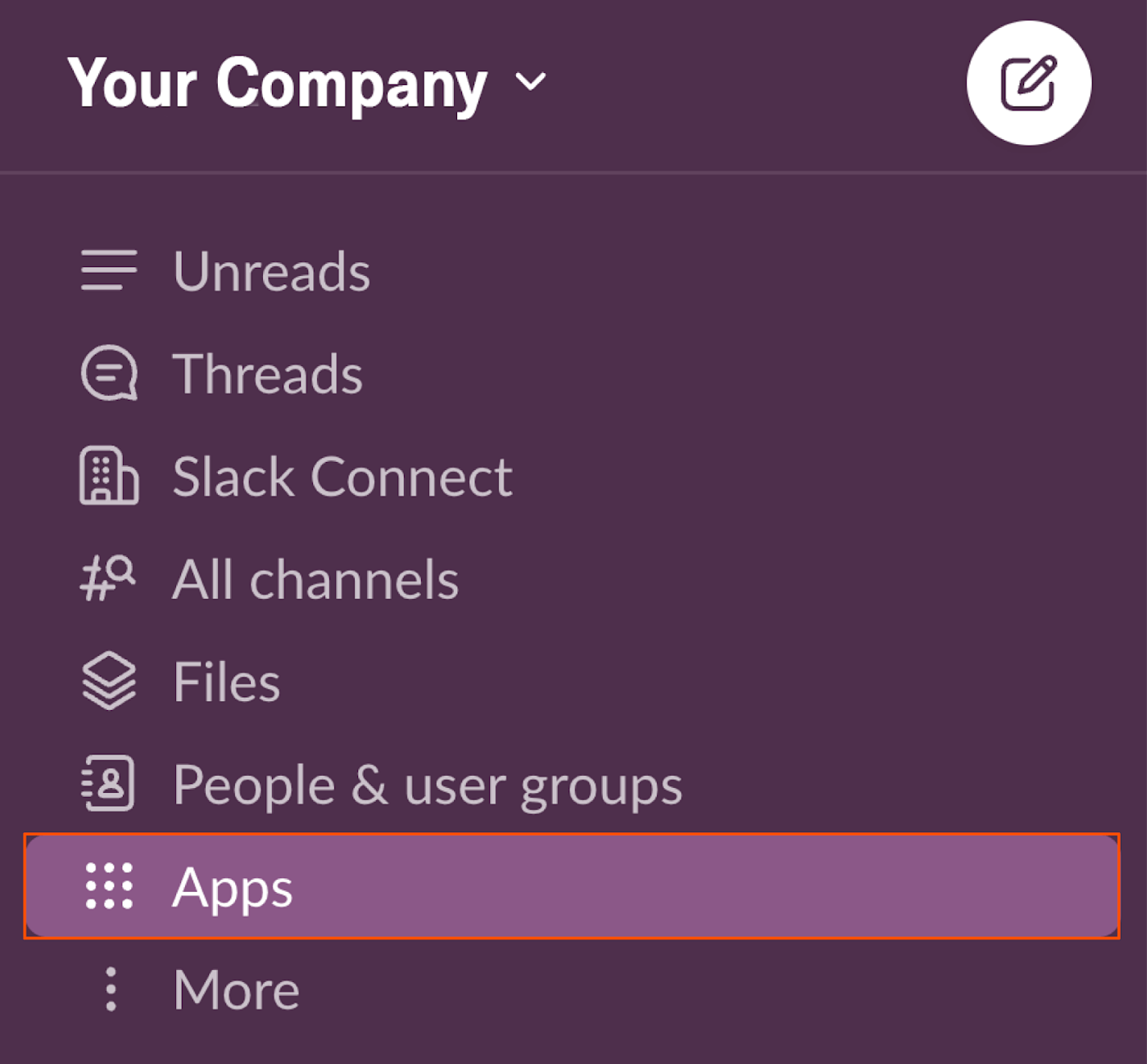 Screenshot of where to find Apps on the Slack platform.