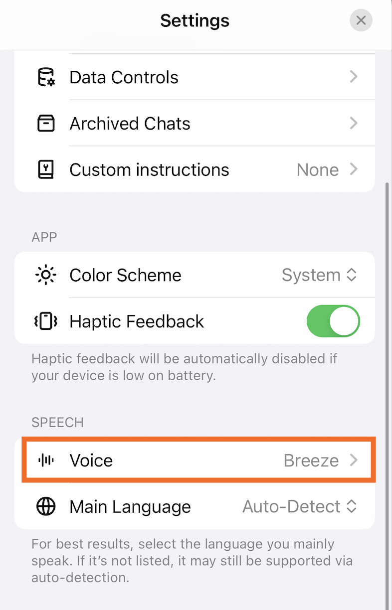 ChatGPT settings menu in the mobile app with the voice option highlighted.