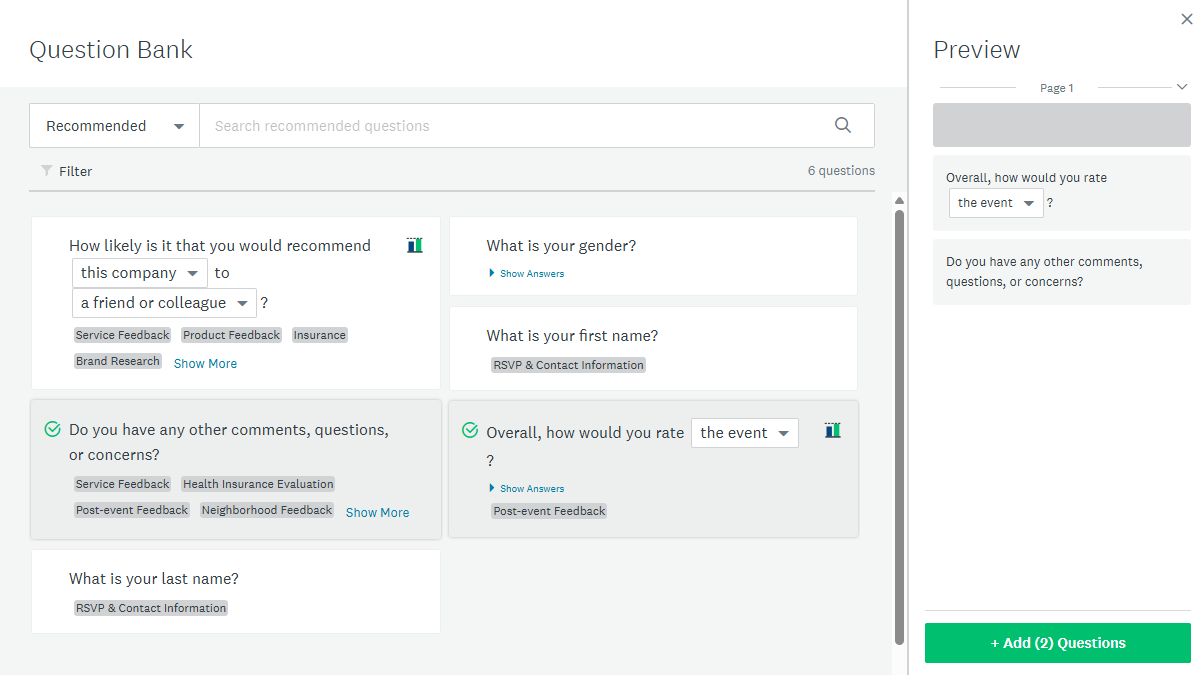 A question bank in SurveyMonkey