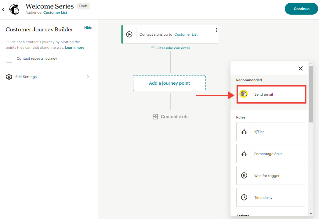 Selecting Send email as the action in an automated campaign in Mailchimp