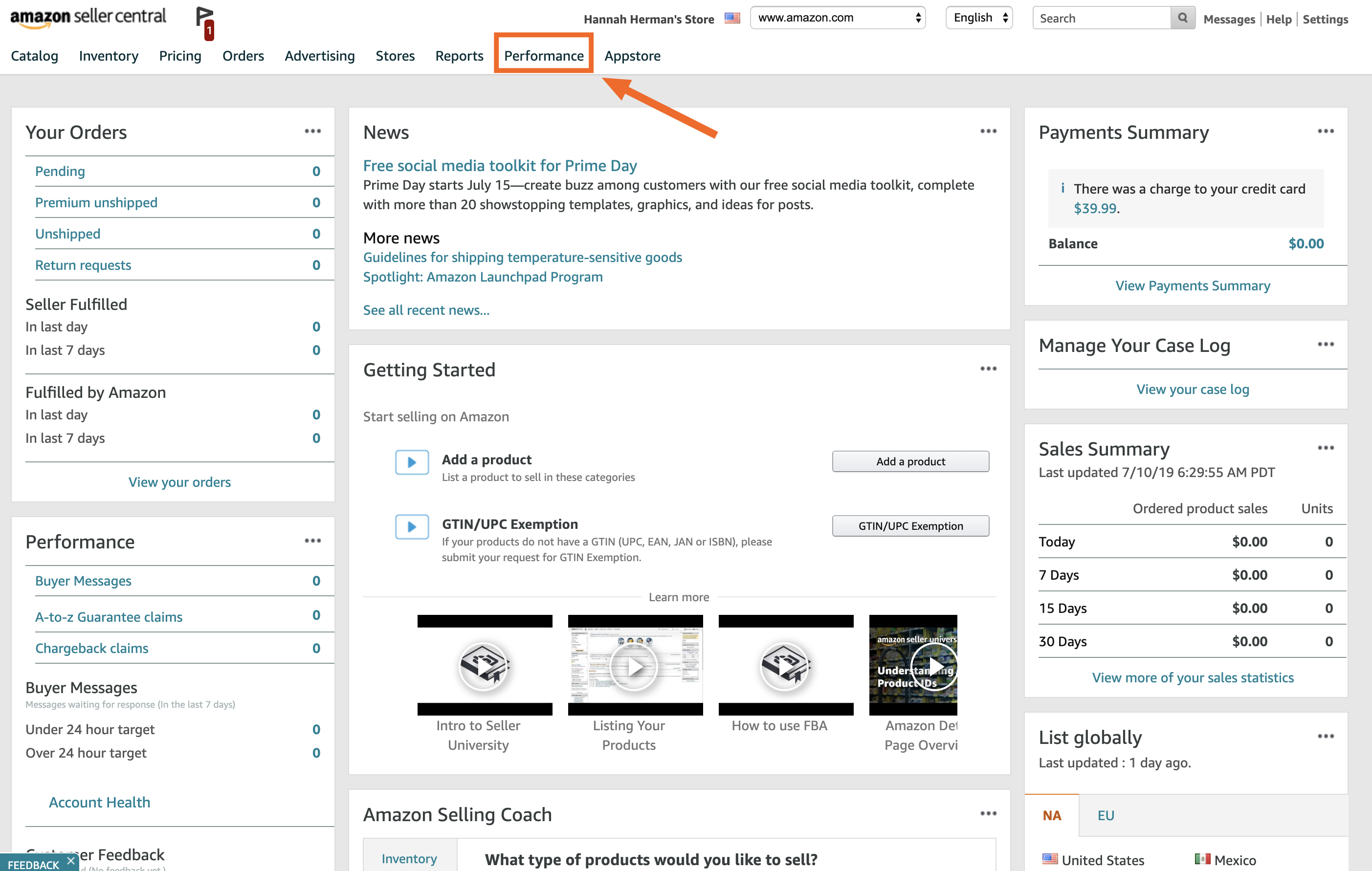 Navigating to the feedback manager in Amazon Seller Central