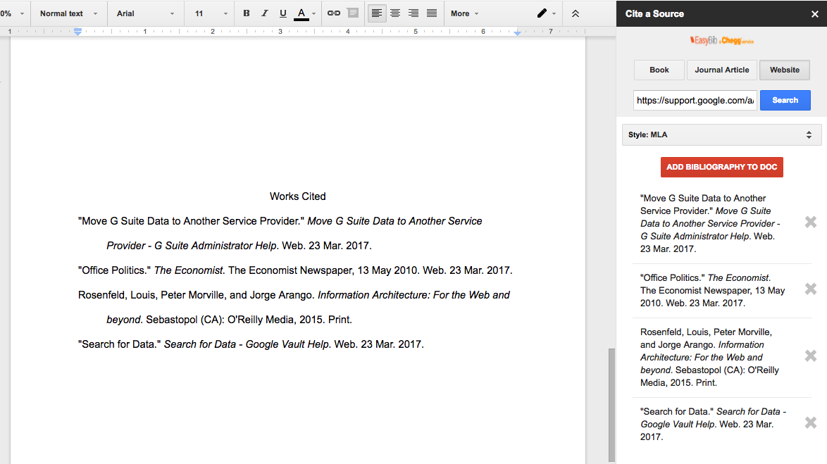 insert EasyBib bibliography to Google Docs