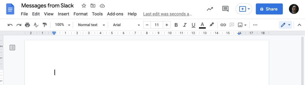 A screenshot of a Google Doc. Shown is the file name, Messages from Slack, and the menu bar, above a blank document.