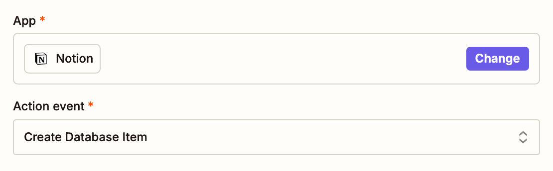 The Notion app is shown selected with Create Database Item selected in the Event dropdown.