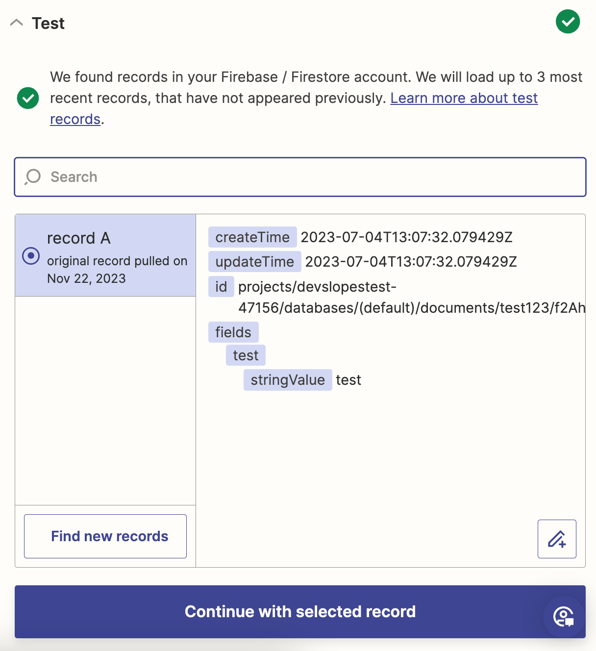 A screenshot of a successful Firebase trigger step test in the Zapier editor.