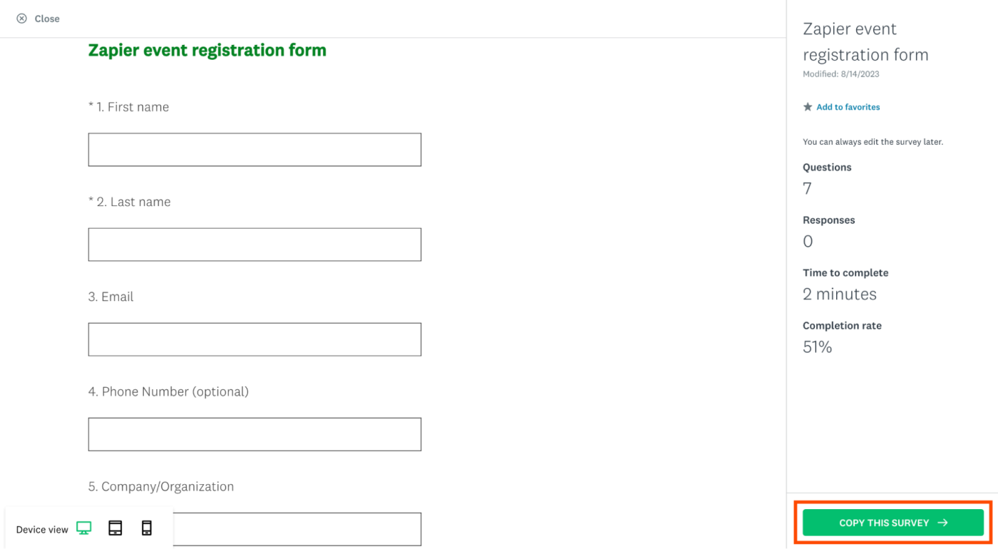 Preview of a Zapier event registration form in SurveyMonkey with the option to copy this survey highlighted. 