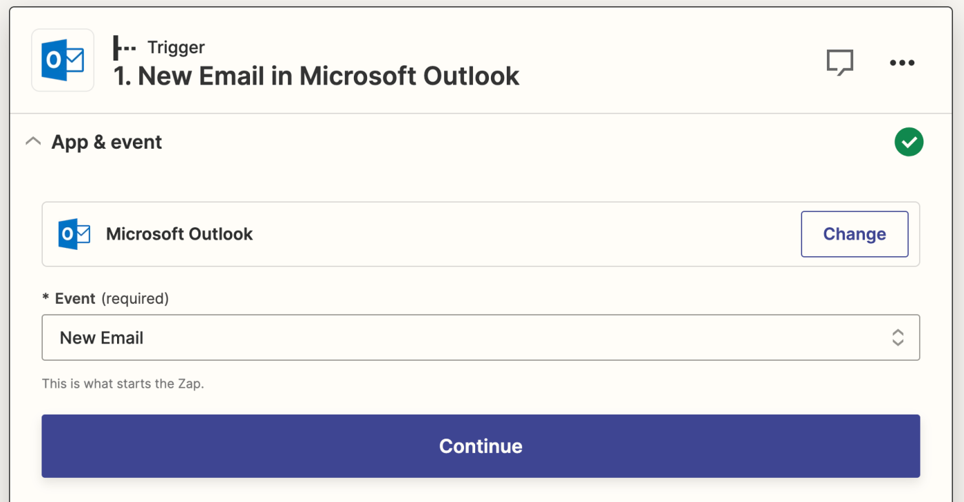 Screenshot of Microsoft Outlook trigger in Zap editor