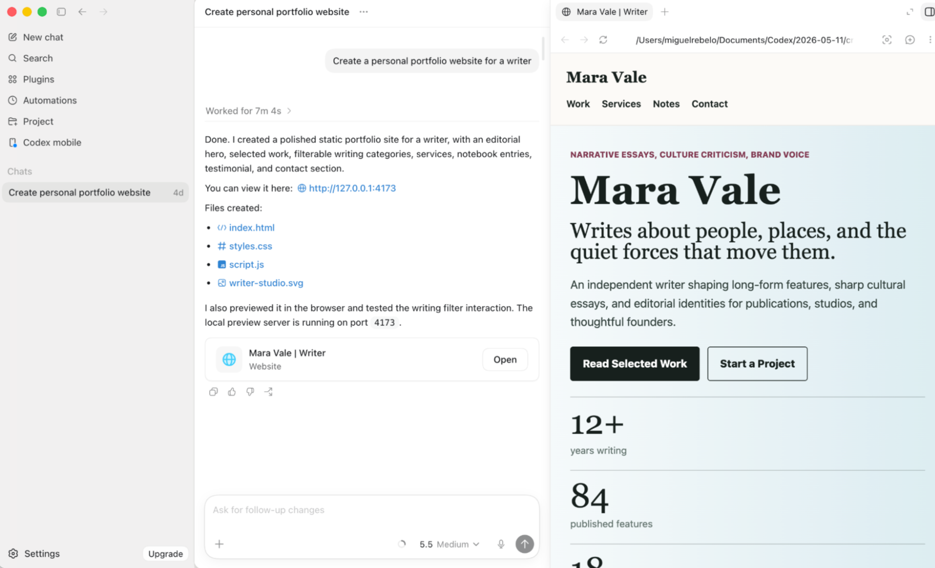 Codex's macOS app, with the browser preview open.