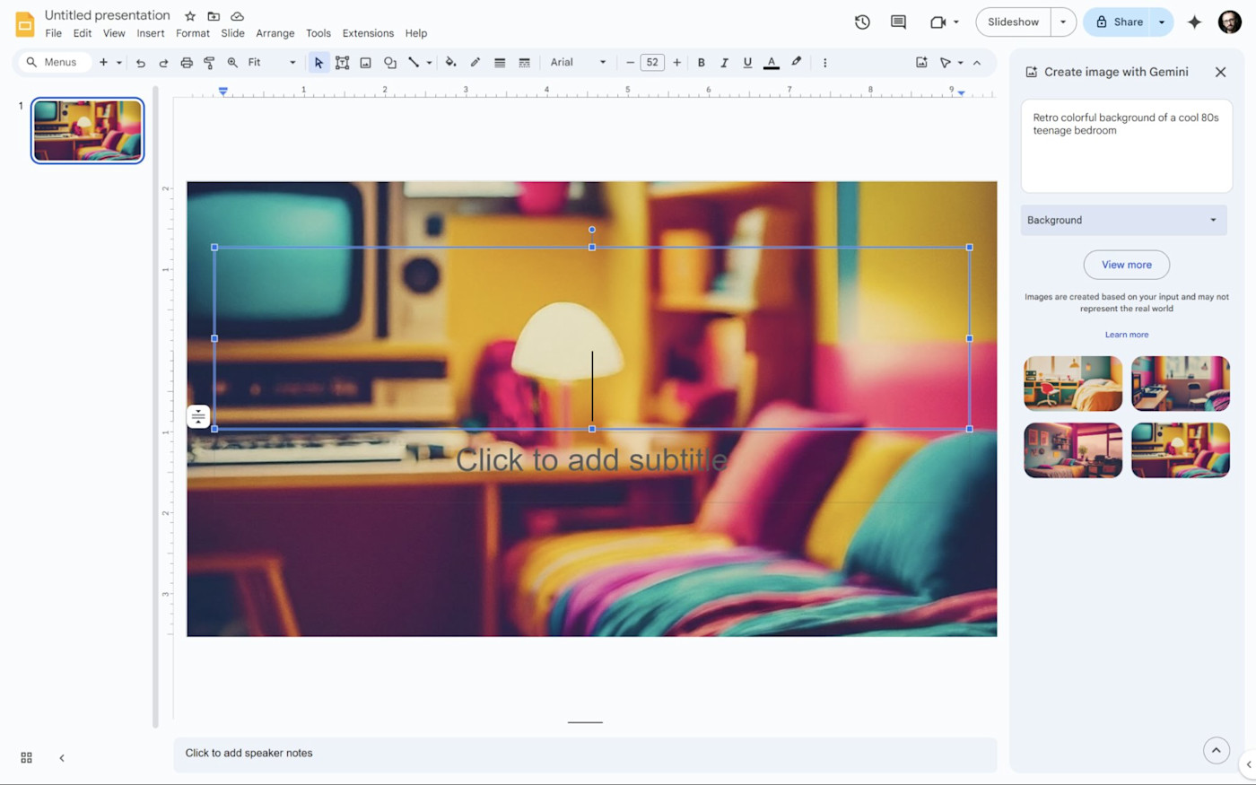 Gemini in Google Slides, with an AI-generated slide image and a chat window on the side