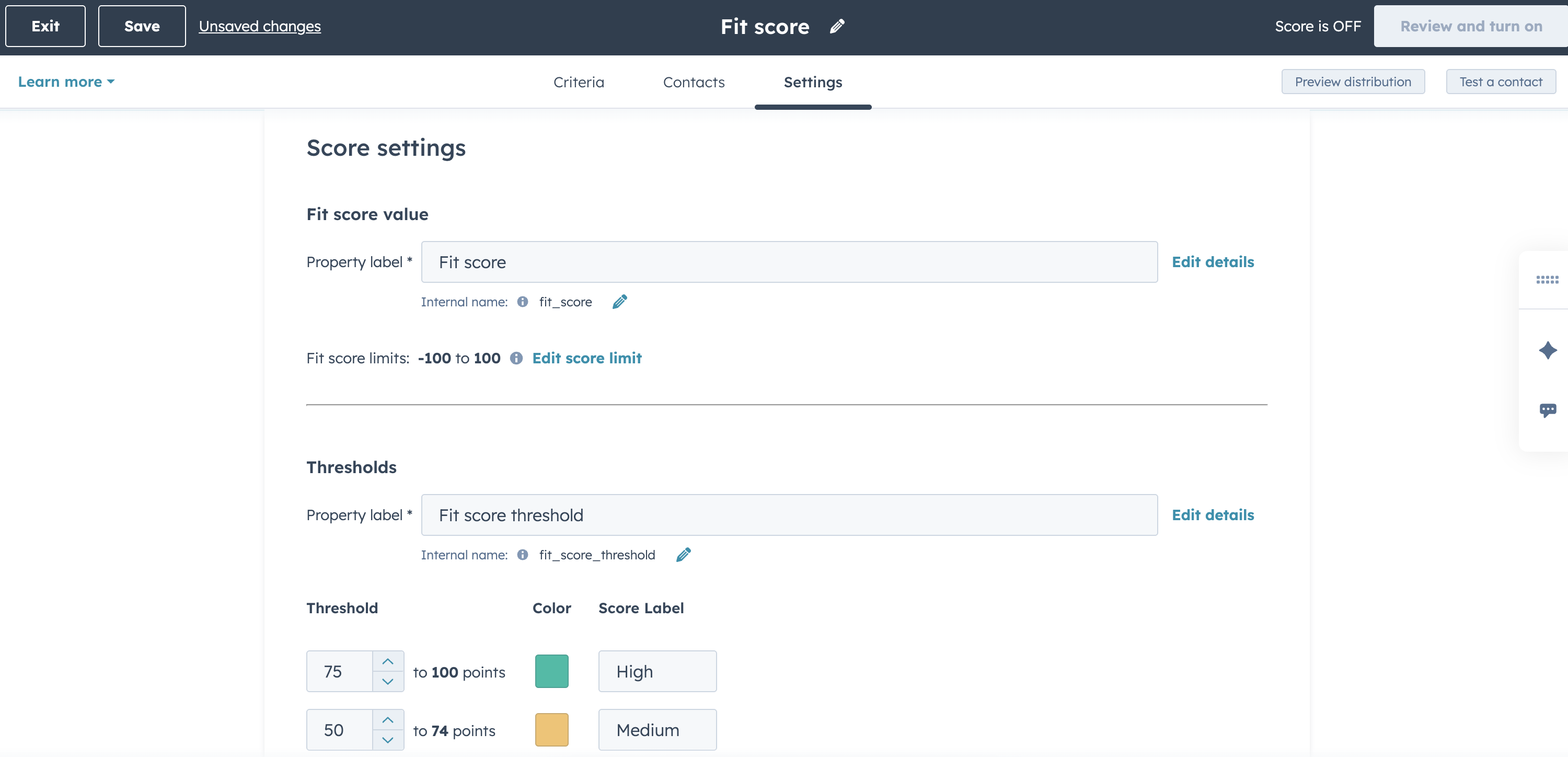 A screenshot of the HubSpot lead scoring settings tab.