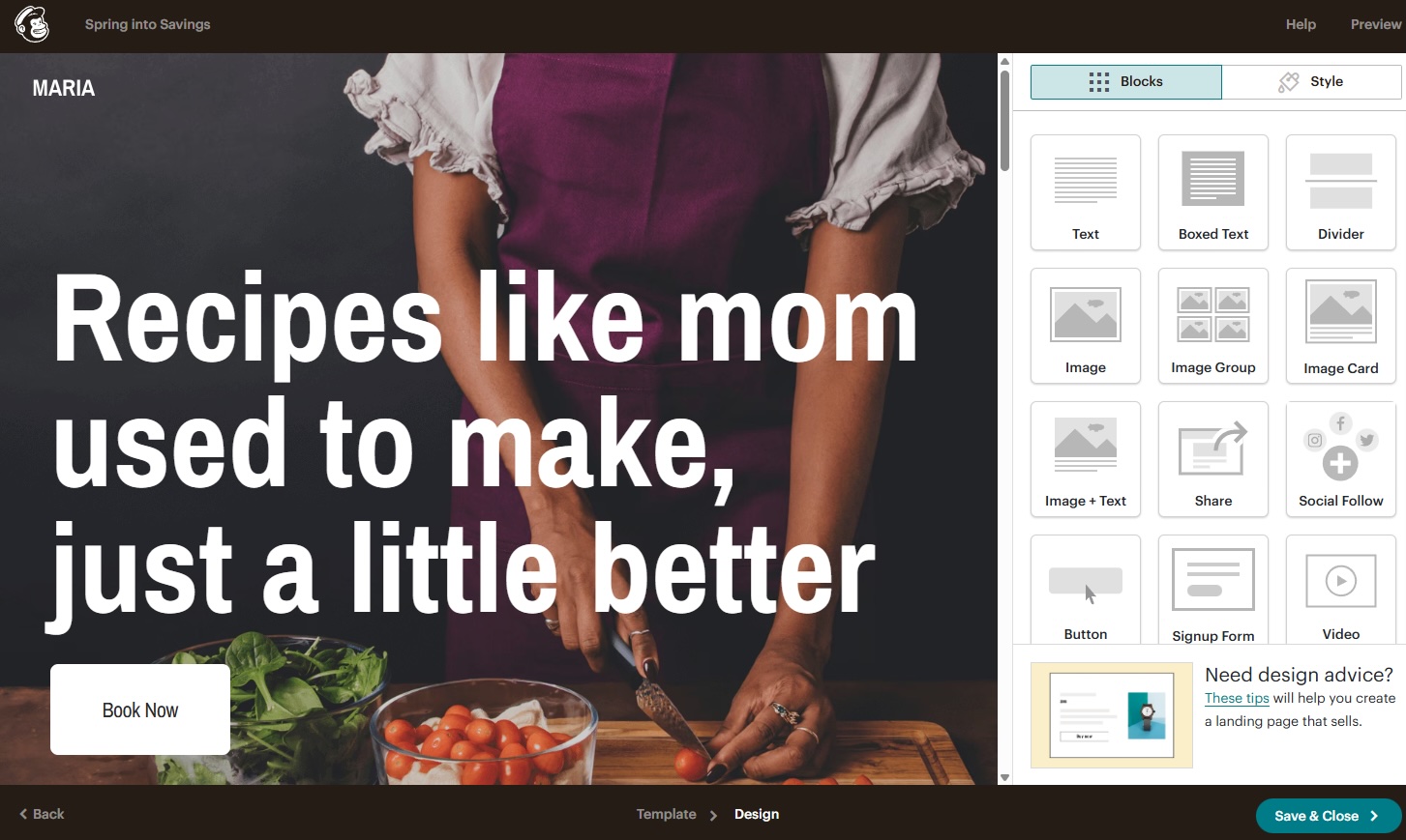 Mailchimp's landing page builder