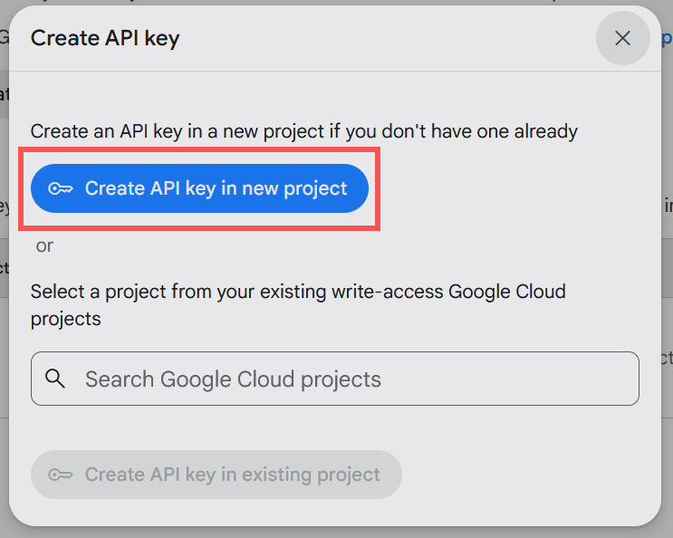 The Create API key in new project button in Google AI Studio