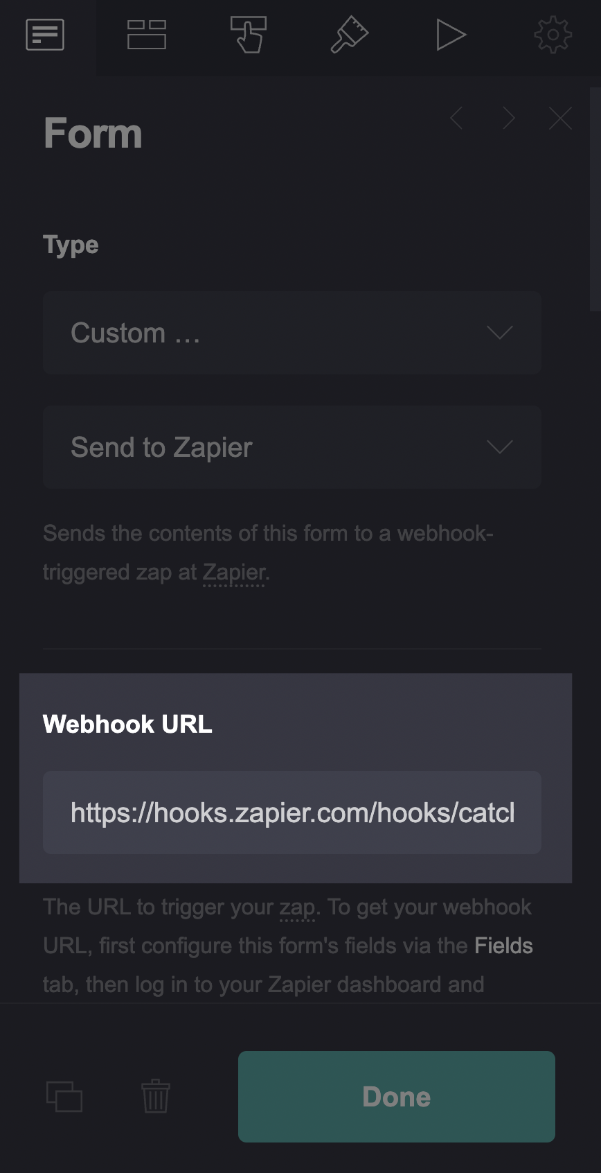 A screenshot highlighting the Webhook URL field of a custom form settings in Carrd.