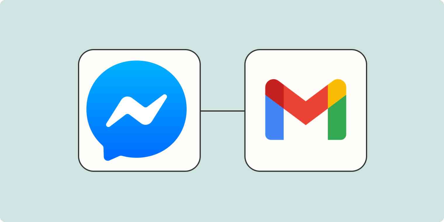 A hero image of the Facebook Messenger app logo connected to the Gmail app logo on a light blue background.
