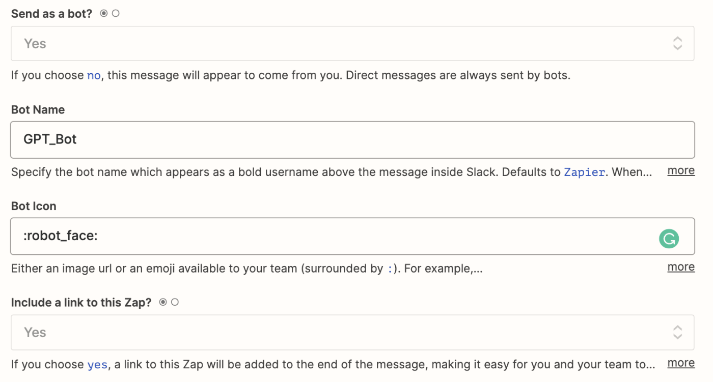 A screenshot of the setup for creating a Slack bot in Zapier.