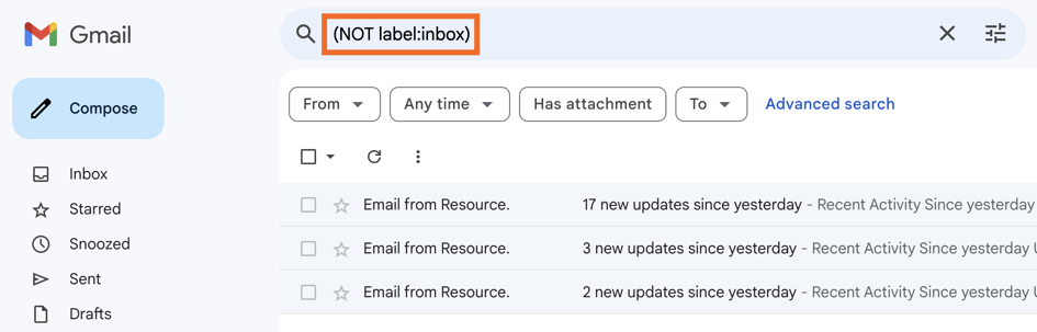 Screenshot of the author inputing code in Gmail's search bar to search their archived folder