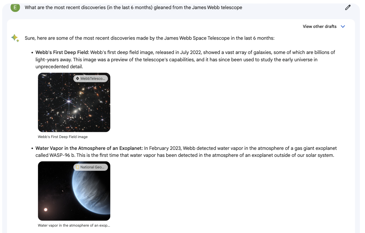 Resultados de Bard cuando se preguntan sobre el telescopio James Webb