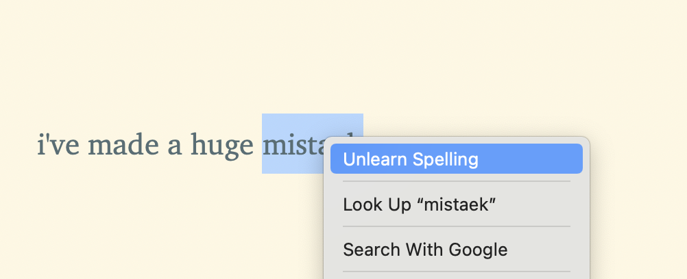 Clicking Unlearn spelling on a Mac