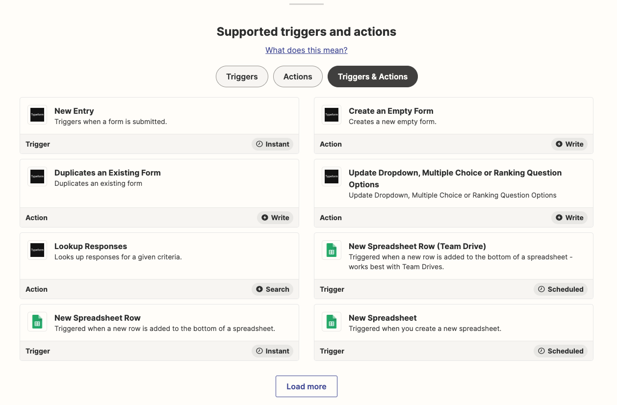 A list of supported triggers and actions for Typeform and Google Sheets.
