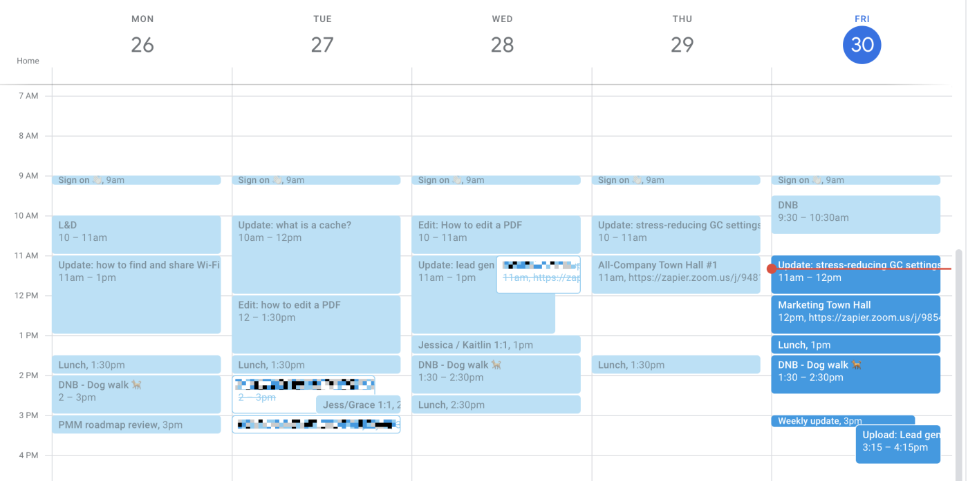 A week view of a Google Calendar with past events displayed in a faded shade of blue. 