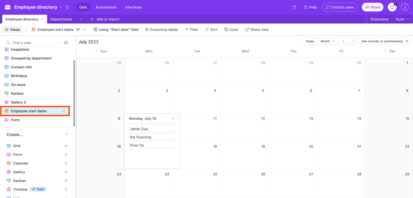 Example of a Calendar View in Airtable.