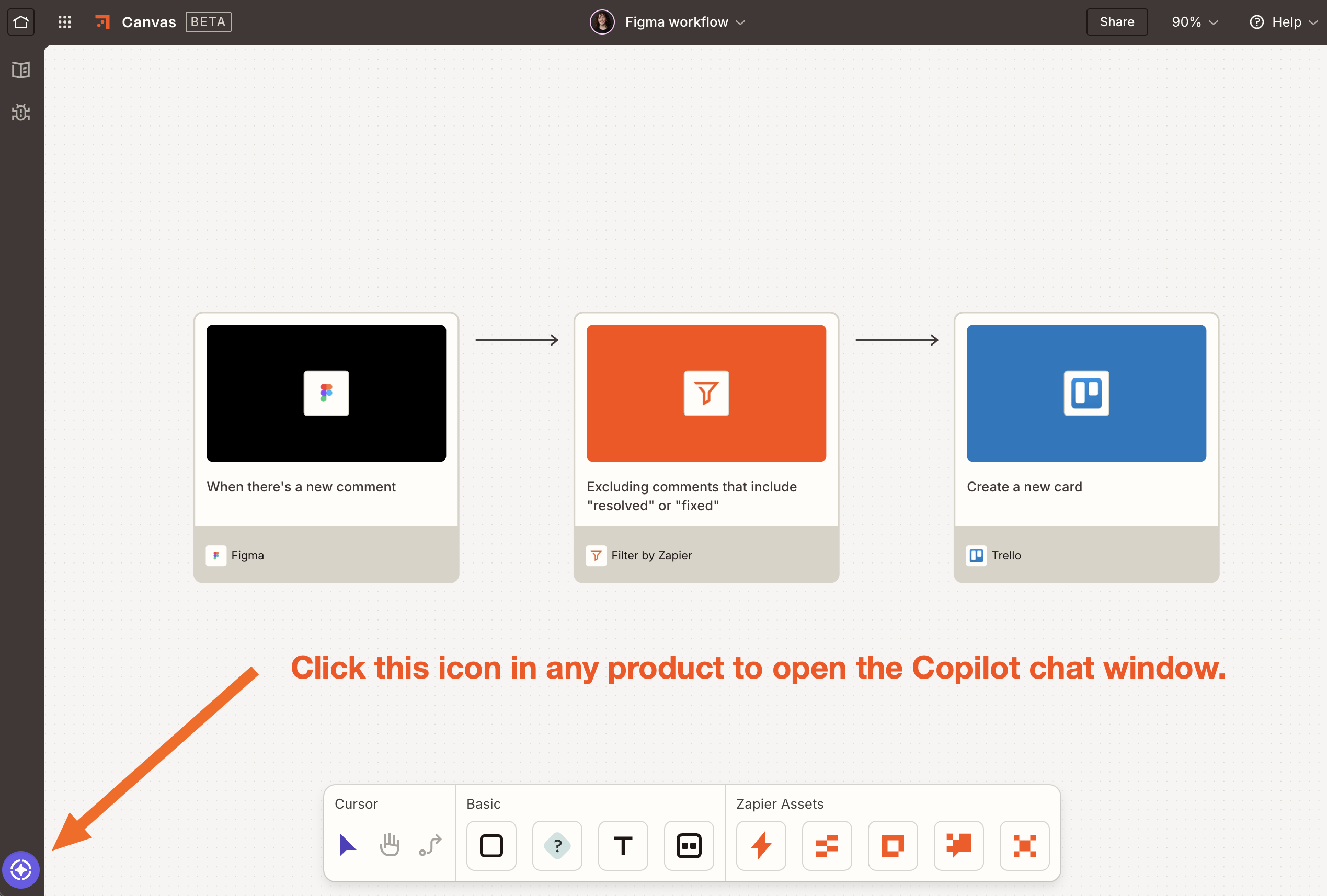 A screenshot of the Zapier Canvas editor with an arrow pointing to a sparkle icon in the lower-left corner