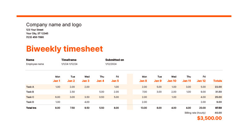 Screenshot of Zapier's biweekly timesheet template showing how to track time for tasks over two weeks