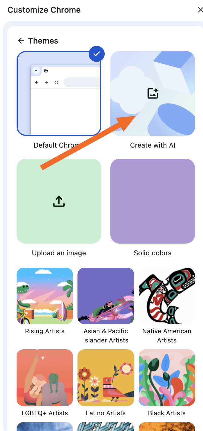 In the themes menu in the Chrome customization sidebar, click "Create with AI."