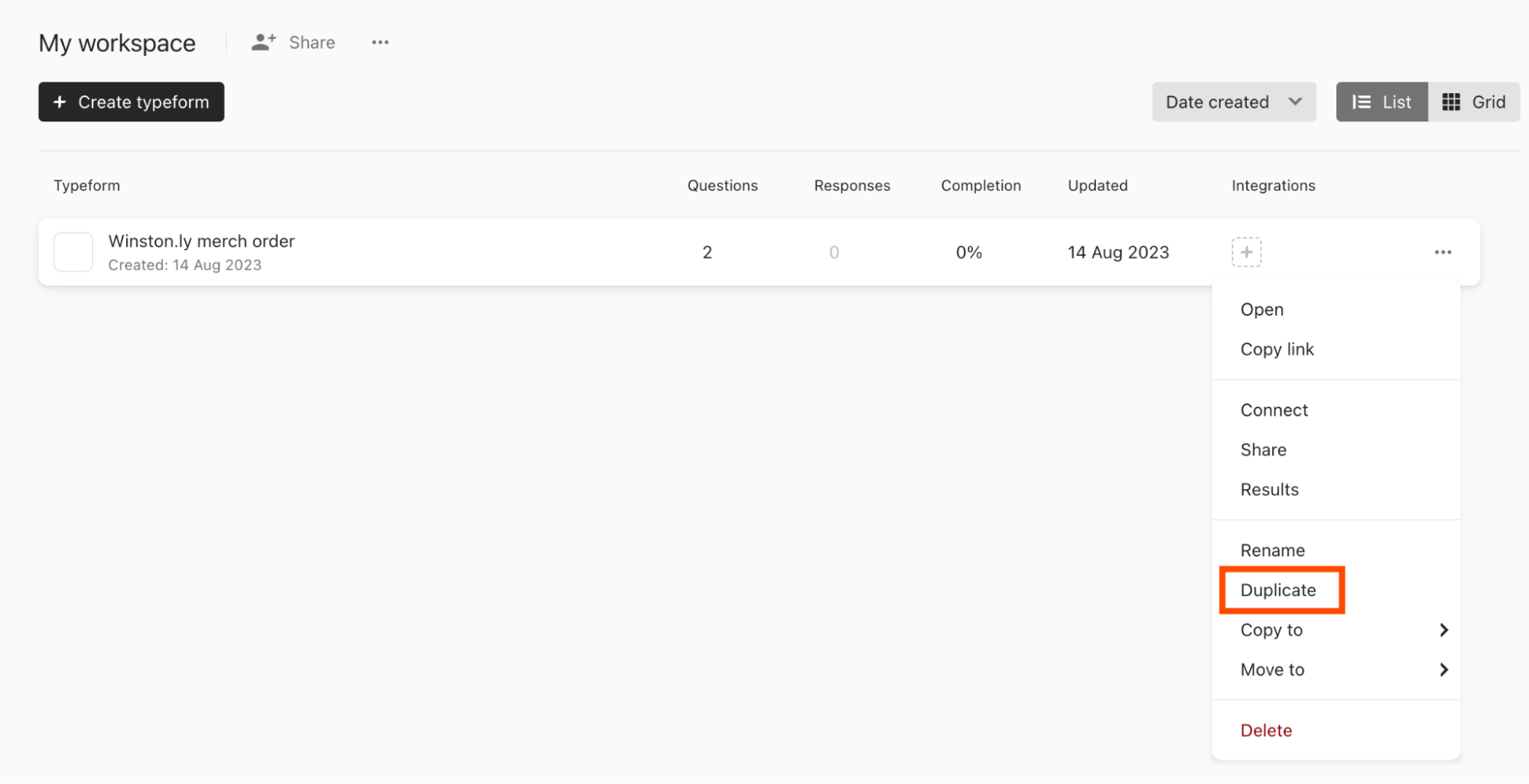 Expanded view of the more options dropdown for a template in Typeform with the option to duplicate highlighted. 