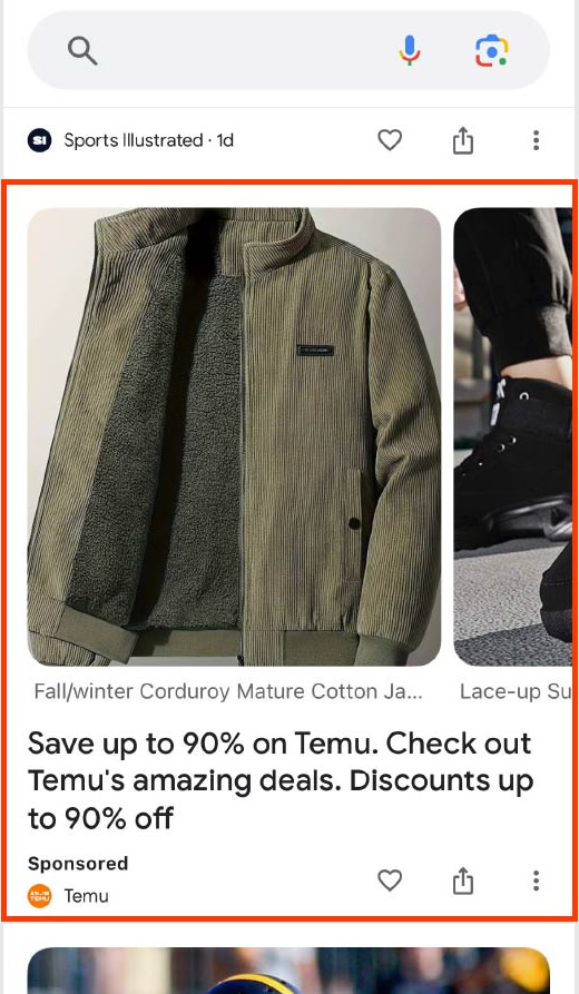 Screenshot of a Discovery ad for a brown Temu jacket in the Google Discovery feed.
