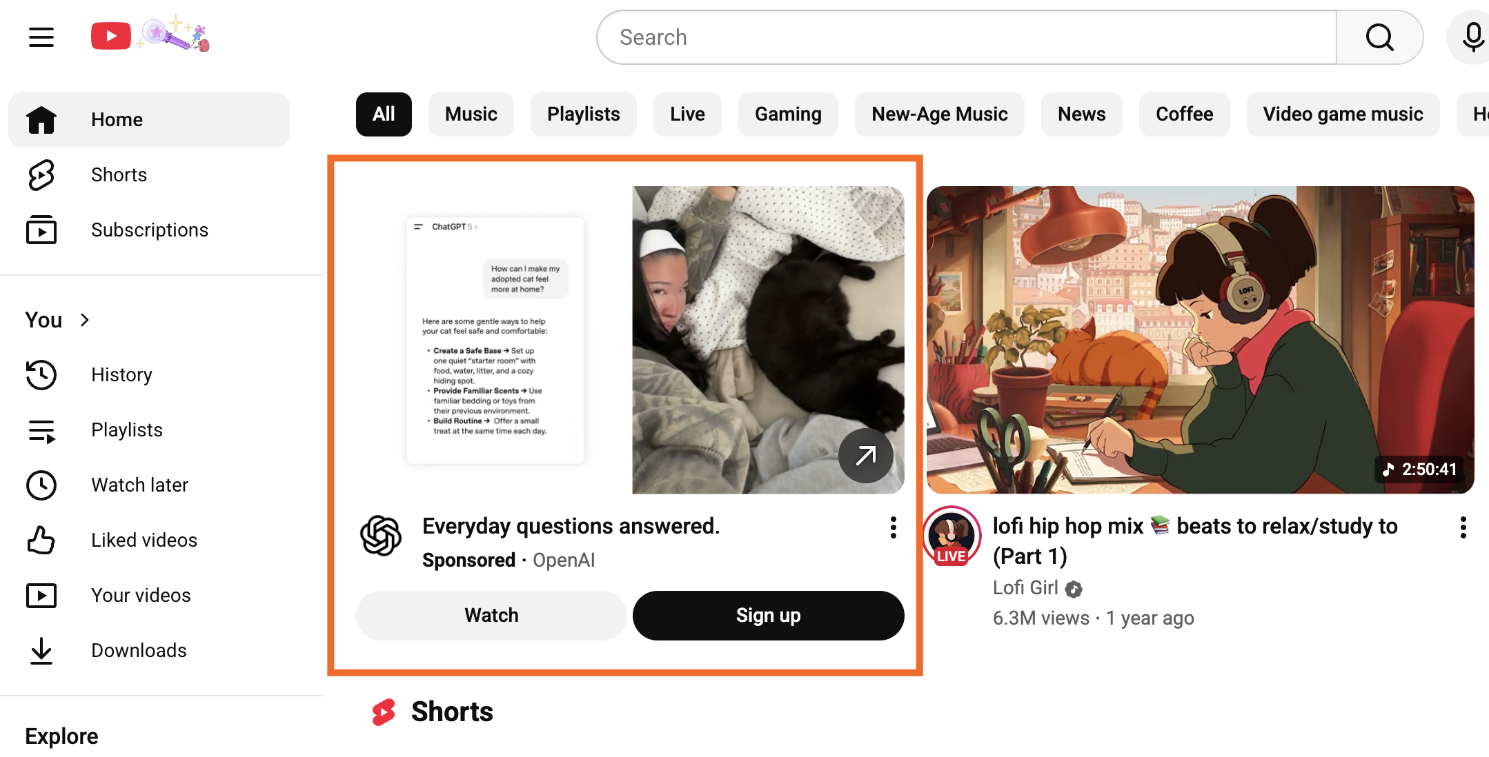 Google Discovery ad for ChatGPT on YouTube's homepage.